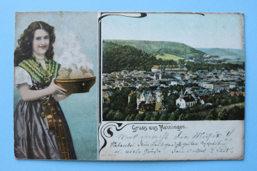 Ansichtskarte AK Gruß aus Meiningen 1907 Frau Knödel Klöße Häuser Tracht Stadt Ortsansicht Architektur Thüringen